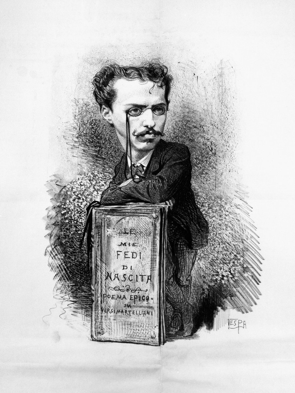 Karikatuurportret van Felice Carlo Emanuele Cavallotti (1842-1898), Italiaanse dichter, toneelschrijver, linksgeoriënteerde, antimonarchistische journalist, patriot en politiek leider, gravure door Walter Charles Mills