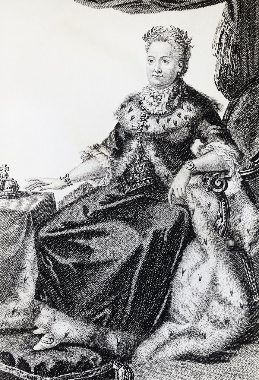 Catharina II, geboren Sophie Friederike Auguste (1729-1796), keizerin van Rusland, gravure door Walter Charles Mills