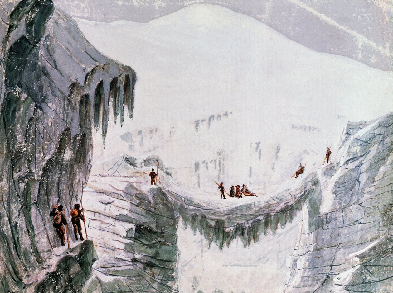 Beklimming van de Mont Blanc, klimmers hangen aan een spleet, aquarel, Frankrijk door Walter Charles Mills