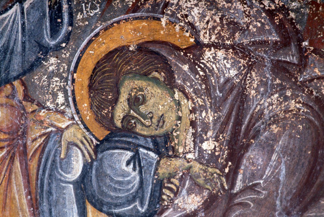 Beeld van heilige, door Ioannis Pagomenos, detail van fresco in Byzantijnse kerk van St George, Anidri, Kreta, Griekenland door Walter Charles Mills