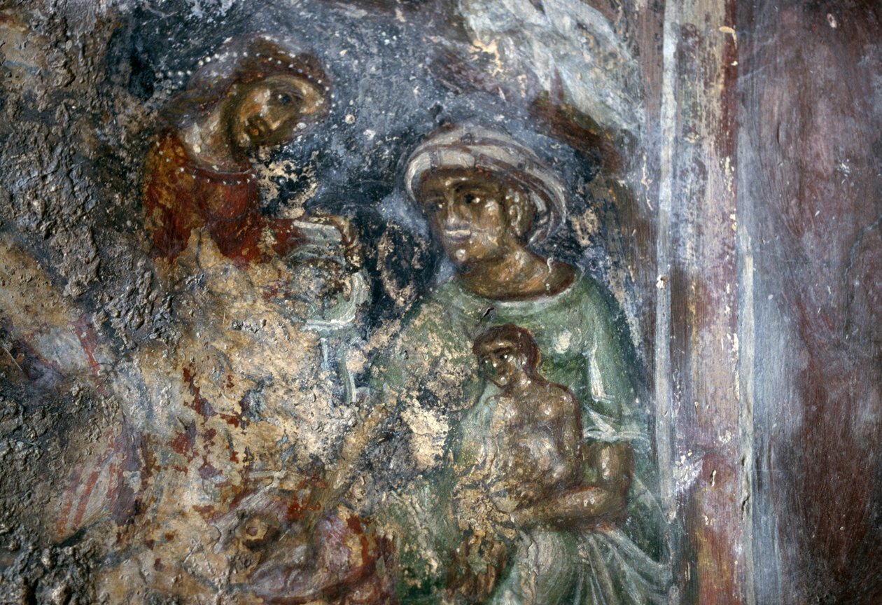 Fresco van de Heilige Familie, Byzantijnse kerk van Ayios Stephanos, Drakona, Kreta, Griekenland door Walter Charles Mills