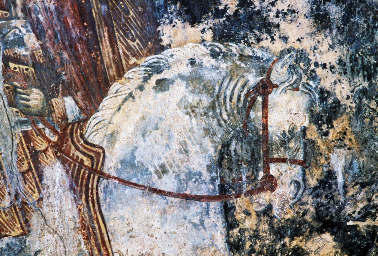 Paard, beschadigd fresco op plafond in de kerk van Agios Vasileios, Vavouledo, Kreta, Griekenland door Walter Charles Mills