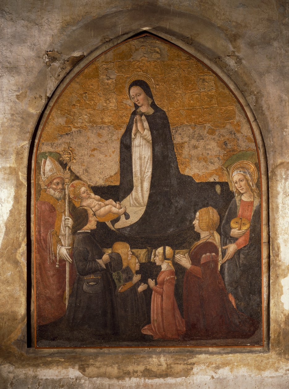 Italië, Milaan, Kerk van St. Maria de Genadige, Kapel van de Toren, Maagd die het Kind aanbidt, fresco door Walter Charles Mills
