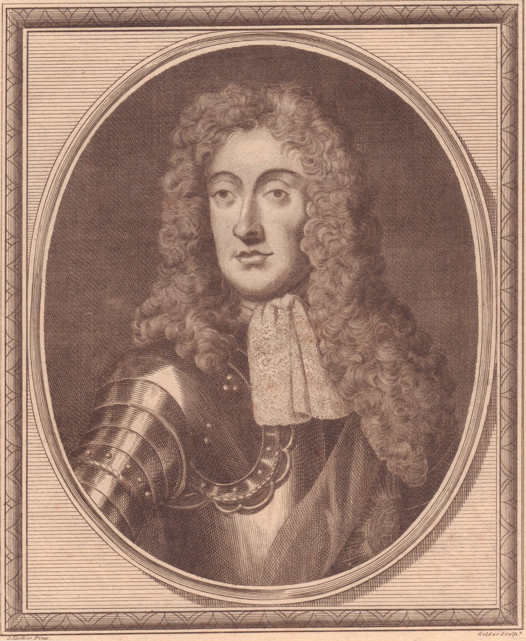 Portret van Jacobus II van Engeland (1633-1701), kopergravure door John Goldar naar schilderij van G Kneller door Walter Charles Mills