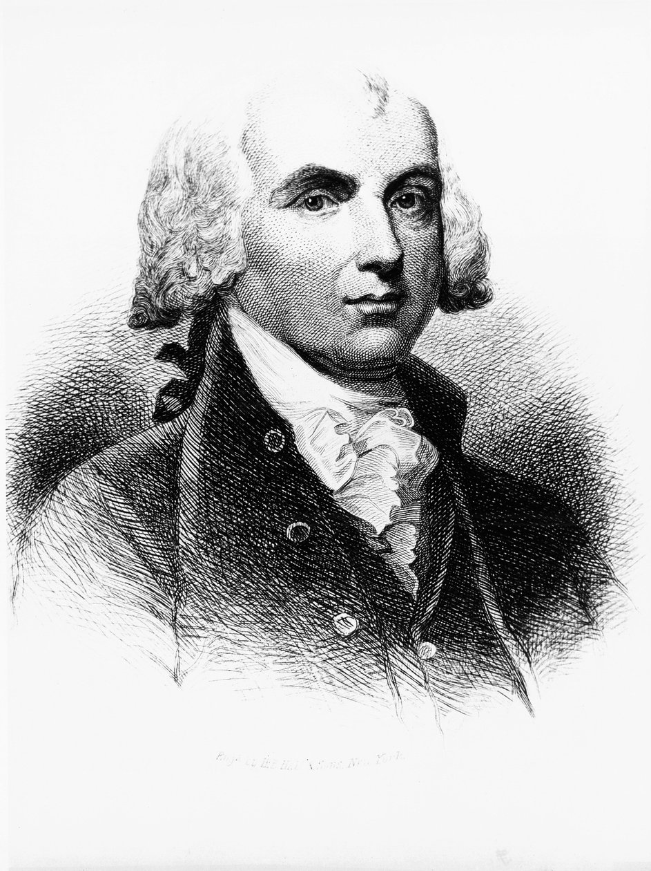 Portret van James Madison (1751-1836), Founding Father, Amerikaanse politicus, 4e president van de Verenigde Staten van 1809 tot 1817, en een van de vaders van de Grondwet, gravure door Walter Charles Mills
