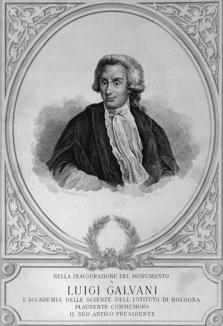 Portret van Luigi Galvani (1737-1798), Italiaanse fysioloog, natuurkundige, bioloog en anatoom, die dierlijke elektriciteit ontdekte, tekening door Walter Charles Mills