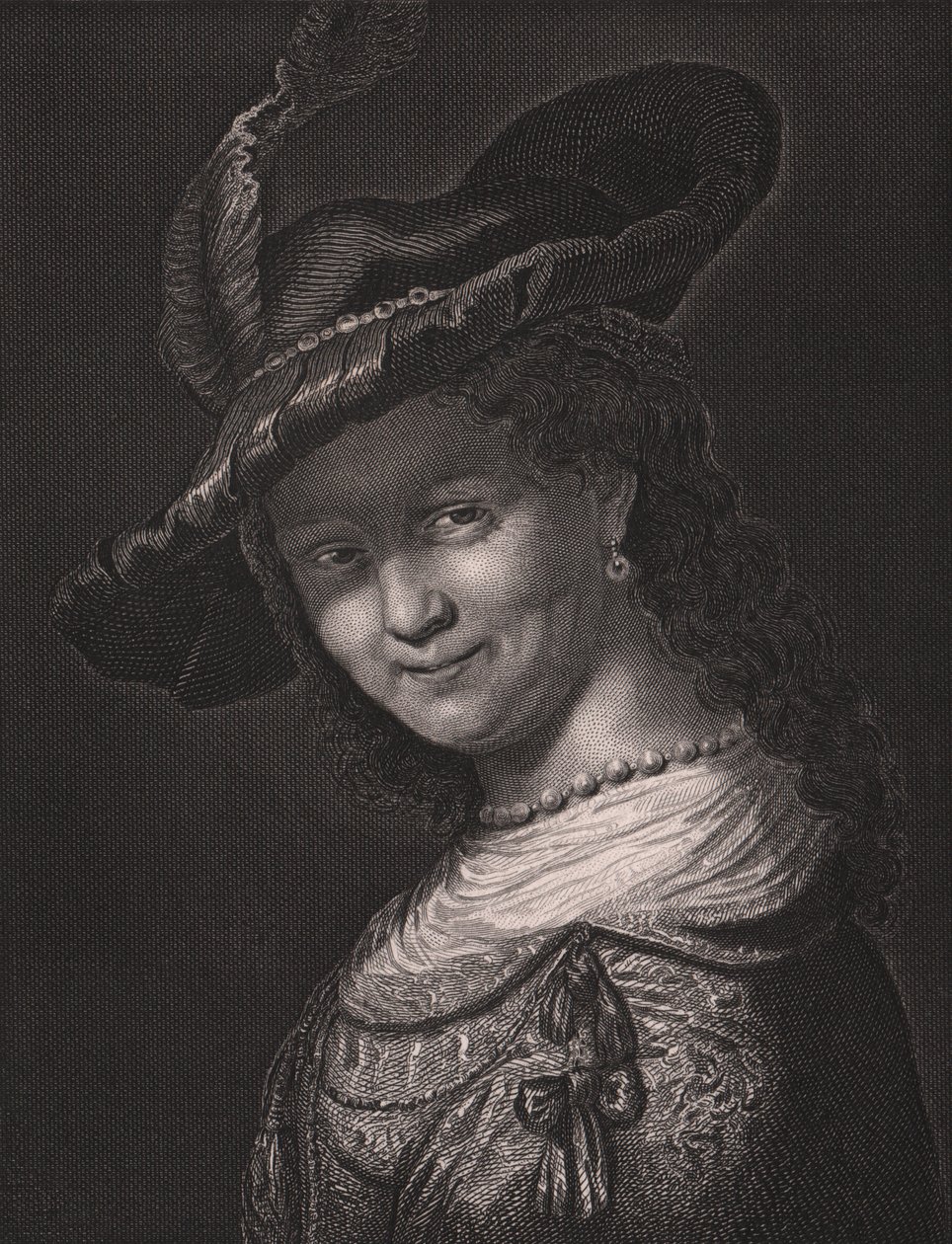 Portret van Saskia van Uylenburgh (1612-1642), vrouw van Rembrandt, gravure door L Raab naar schilderij van Rembrandt, uit Payne