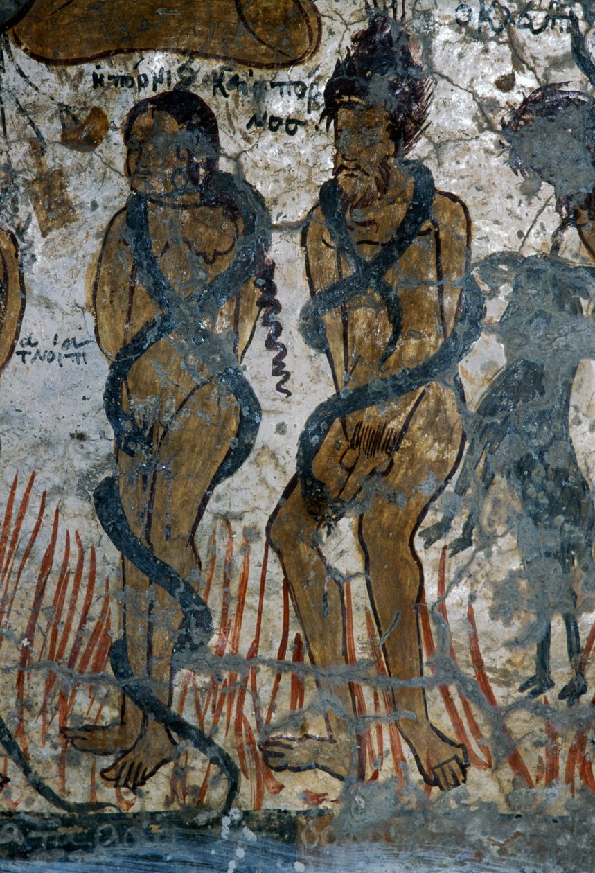 Straf van de verdoemden, detail van de kerk van Agia Paraskevi, Voutas, Kreta, Griekenland door Walter Charles Mills