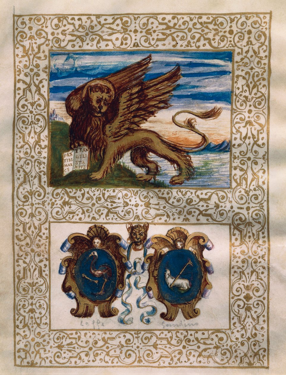 De gevleugelde leeuw van Venetië en de wapenschilden van Leffe en Gandino, miniatuur uit het Privilegio della Serenissima alla Val Gandino, 18 juni door Walter Charles Mills