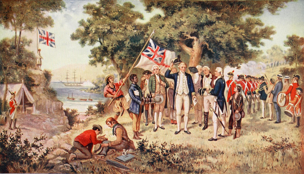 Kapitein Cook neemt bezit van Nieuw-Zuid-Wales, 1770, illustratie uit 