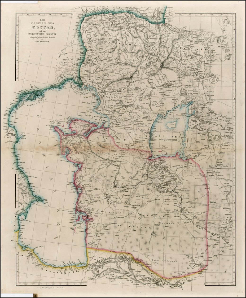 1842 kaart van de Kaspische Zee, Khivah en het omringende land door John Arrowsmith door John Arrowsmith