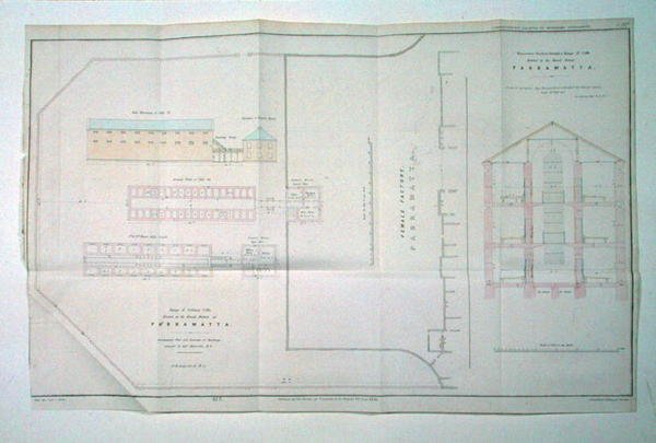 Rij van eenzame cellen opgericht in de Vrouwelijke Fabriek in Parramatta, Nieuw-Zuid-Wales door John Arrowsmith