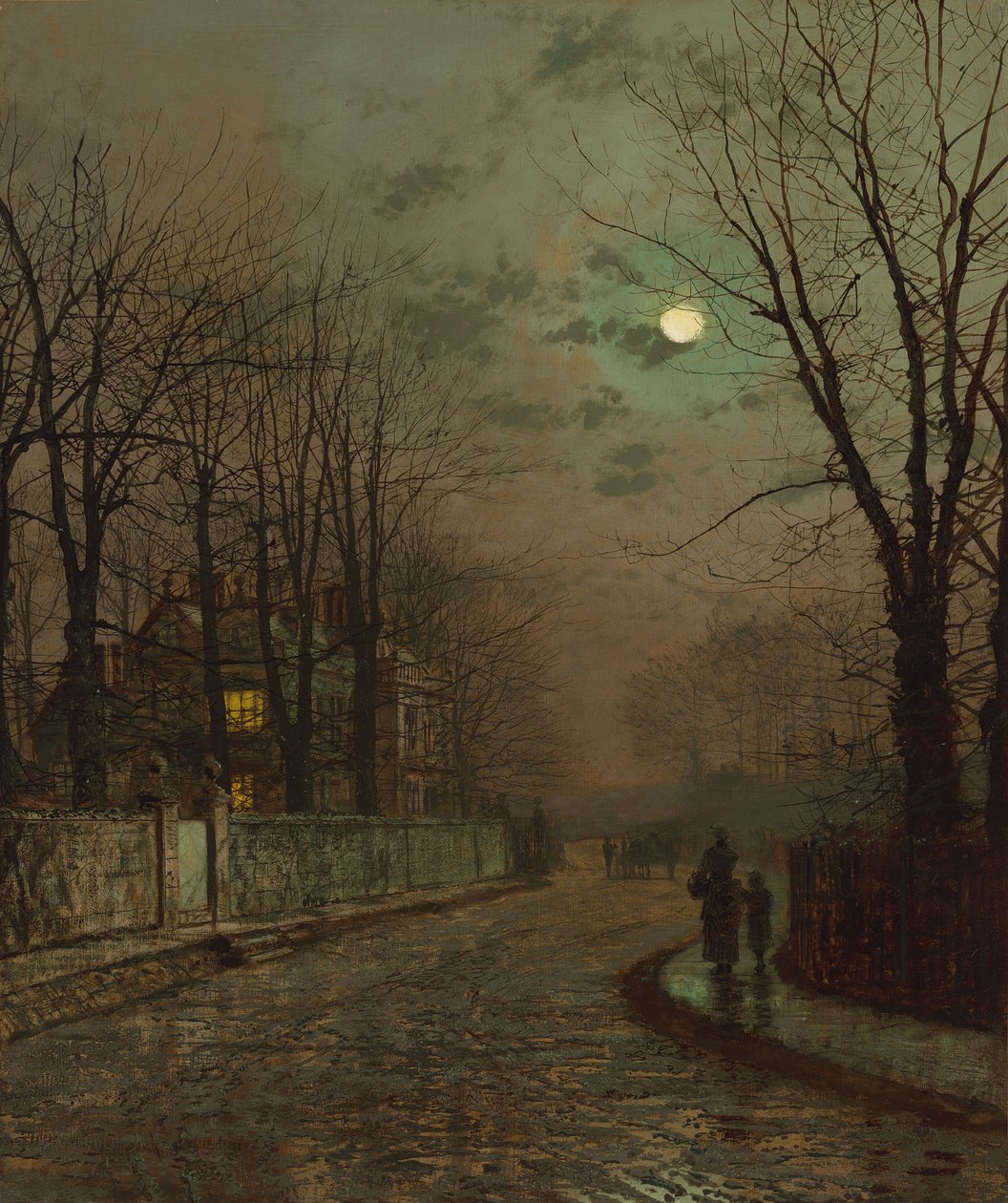 Een natte weg, Knostrop, Yorkshire door John Atkinson Grimshaw, 1886 door John Atkinson Grimshaw