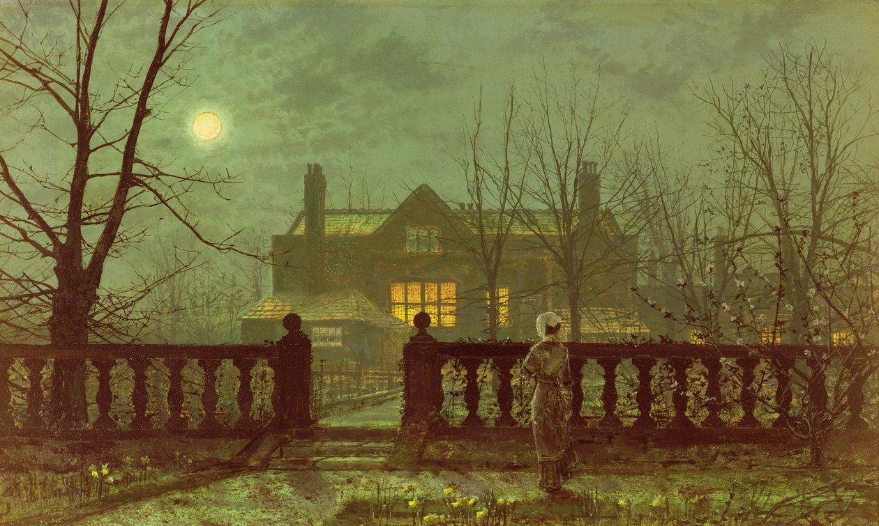 Een dame in een tuin bij maanlicht, 1882 door John Atkinson Grimshaw