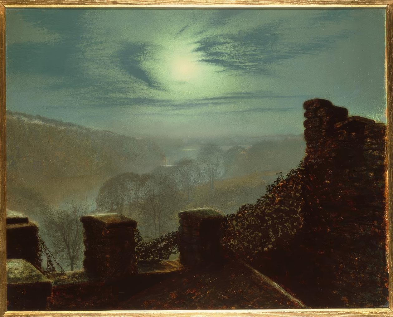 Volle maan achter cirruswolk vanuit Roundhay P. door John Atkinson Grimshaw