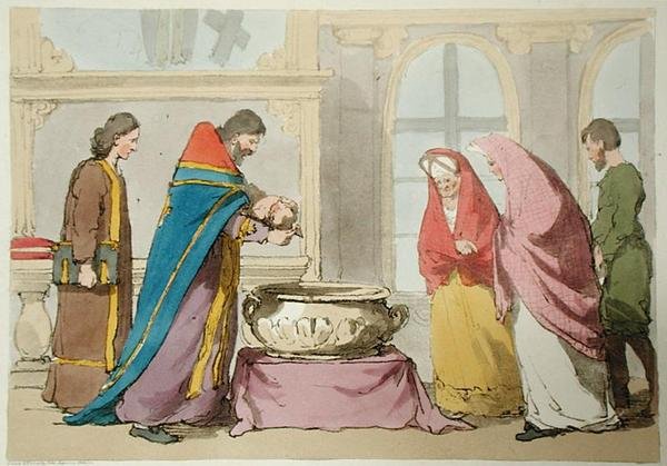 Doop, geëtst door de kunstenaar, gepubliceerd in 1804 door John Augustus Atkinson