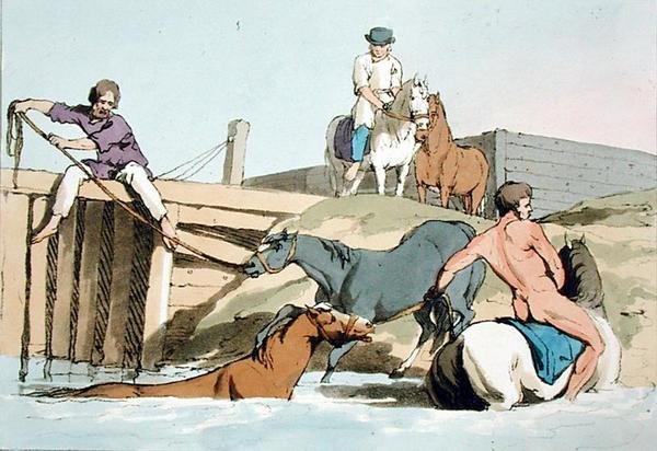 Baden van paarden, geëtst door de kunstenaar, gepubliceerd 1803 door John Augustus Atkinson