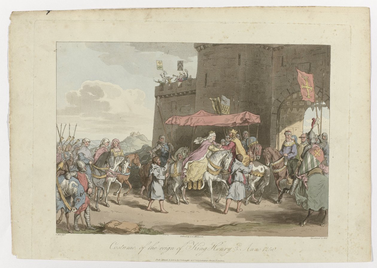 Kostuum uit het bewind van koning Hendrik 3, Anno 1250, 1 maart 1814 door John Augustus Atkinson