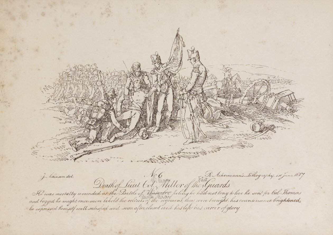 Dood van Luitenant-Kolonel William Miller van de 1e Garde bij de Slag van Quatre Bas door John Augustus Atkinson