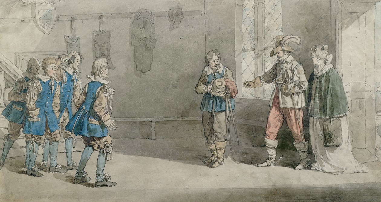 Petruchio, Katarina en bedienden in een scène uit 