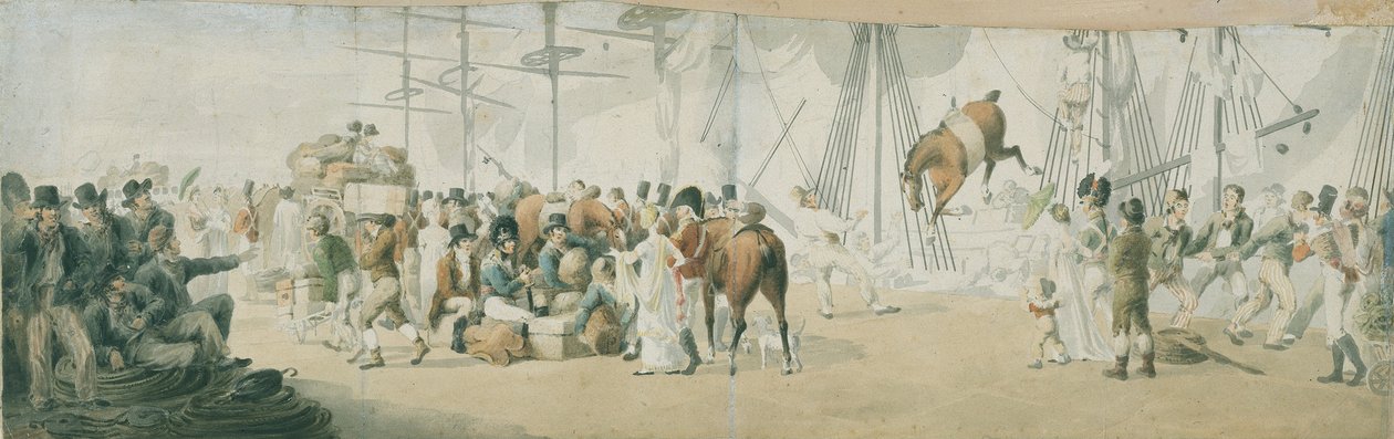 Het inschepen van troepen en paarden in Margate (Engeland), rond 1800. Aquarel door John Augustus Atkinson (1775-1833), begin 19e eeuw door John Augustus Atkinson