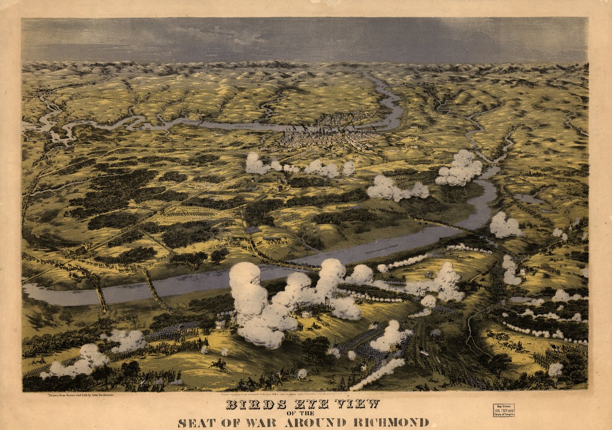Vogelvluchtperspectief van de oorlogszone rond Richmond met de slag bij Chickahominy River, 29 juni 1862 LOC 99448489 door John Bachmann