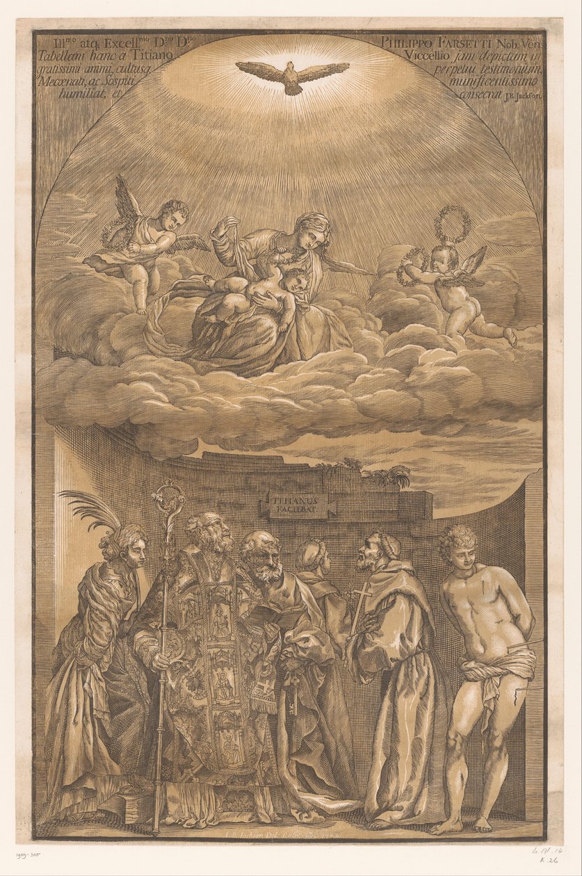 Maria in de wolken en zes heiligen door John Baptist Jackson