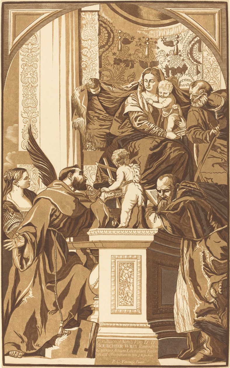 Heilige Familie en Vier Heiligen door John Baptist Jackson after Veronese
