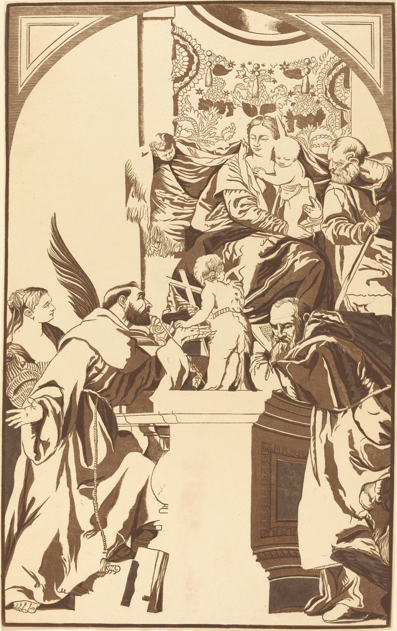 Heilige Familie en Vier Heiligen door John Baptist Jackson after Veronese