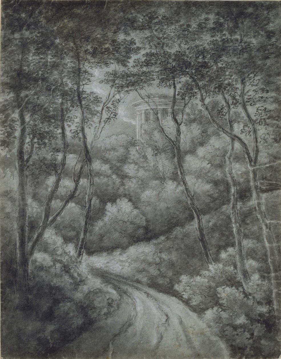 Landschap met een pad door een bos en een klassiek tempel door John Baptist Malchair