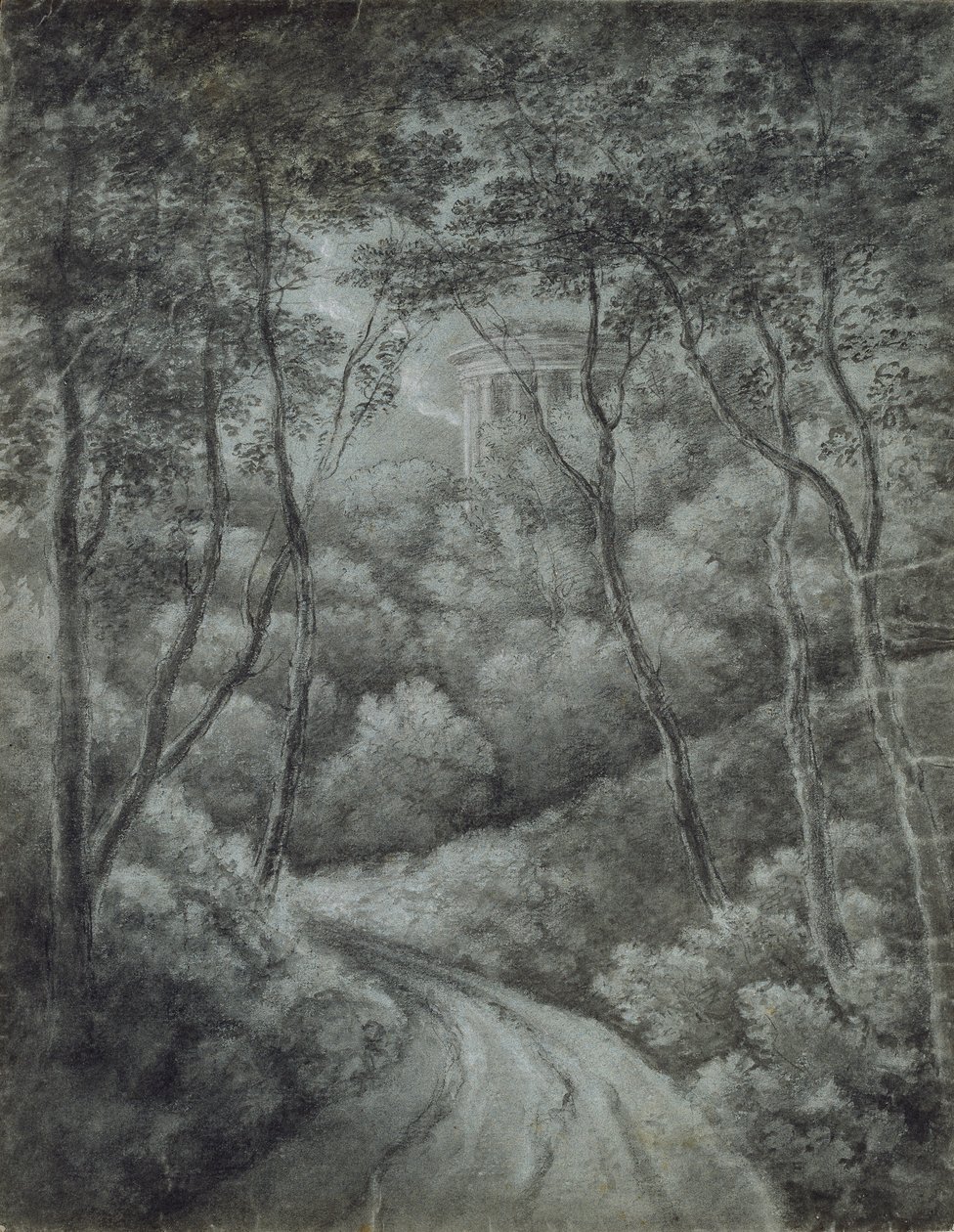 Landschap met een pad door een bos en een klassiek tempel, eind 18e eeuw door John Baptist Malchair