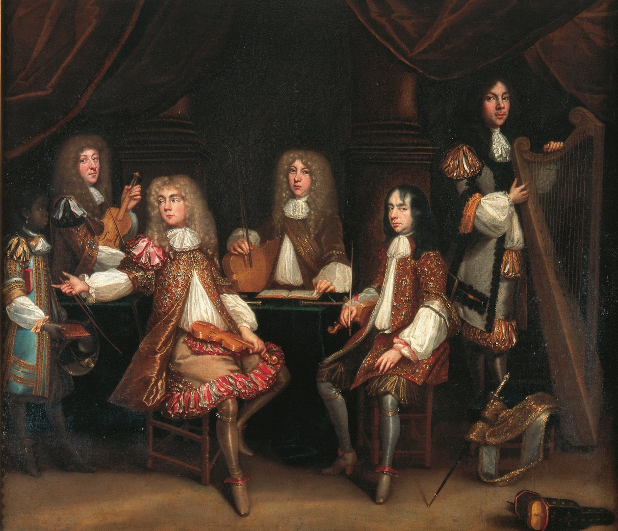 De rode slaapkamer, portretgroep van heren met muziekinstrumenten, traditioneel gezegd de Cabal Ministry van koning Charles II te tonen door John Baptist de Medina