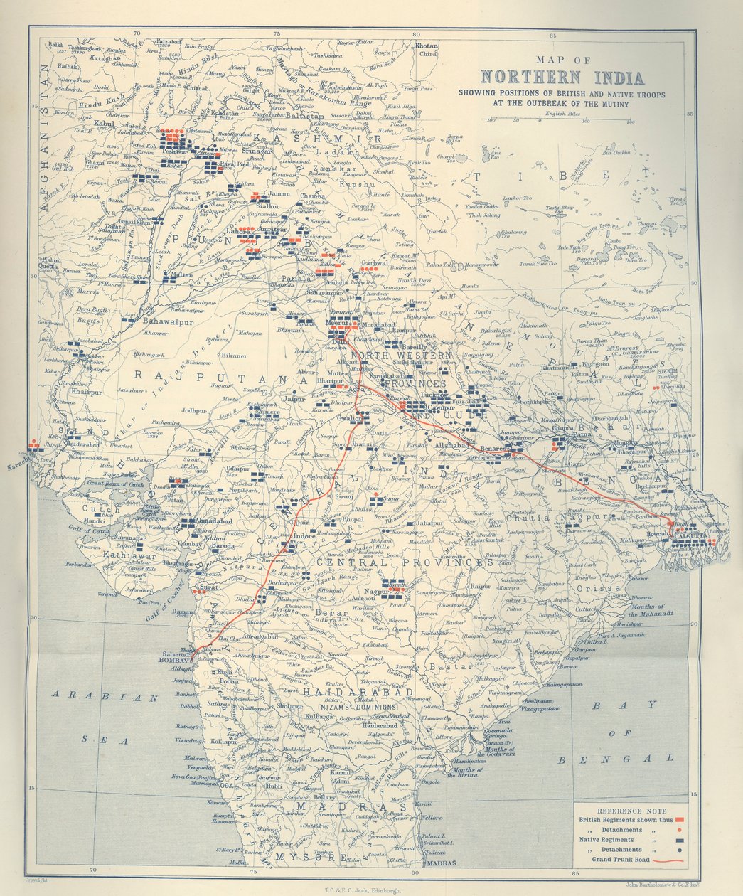 Kaart van Noord-India, 1901 door John Bartholomew