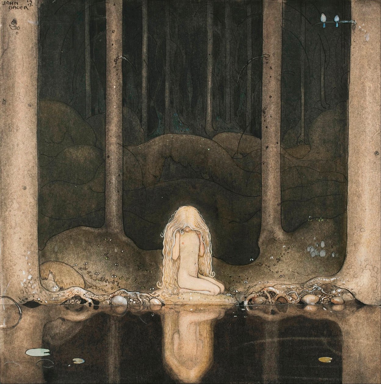 Prinses Tuvstarr kijkt nostalgisch naar het water van het meer door John Bauer