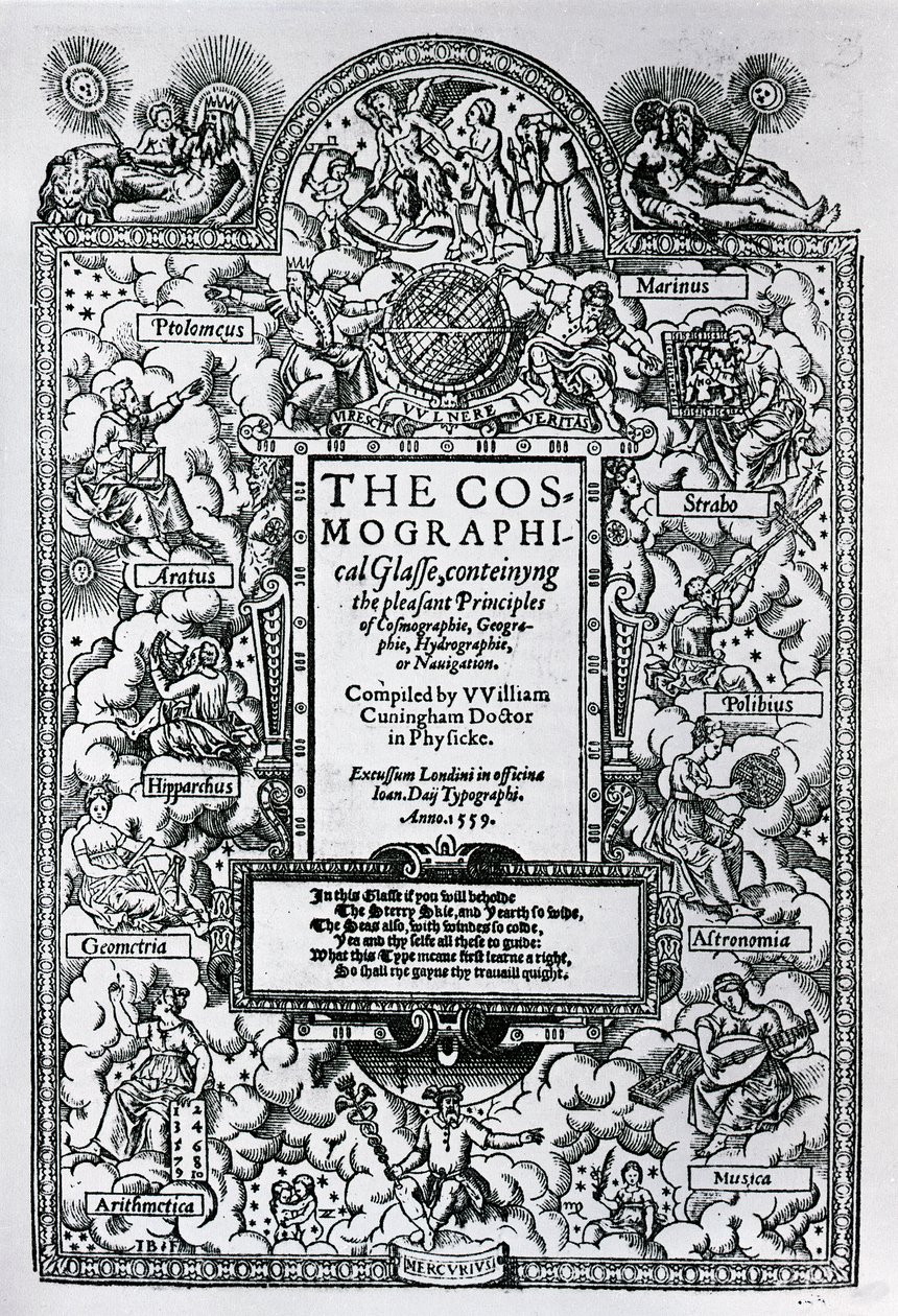 Titelpagina van De Kosmografische Spiegel, 1559 door John Bettes