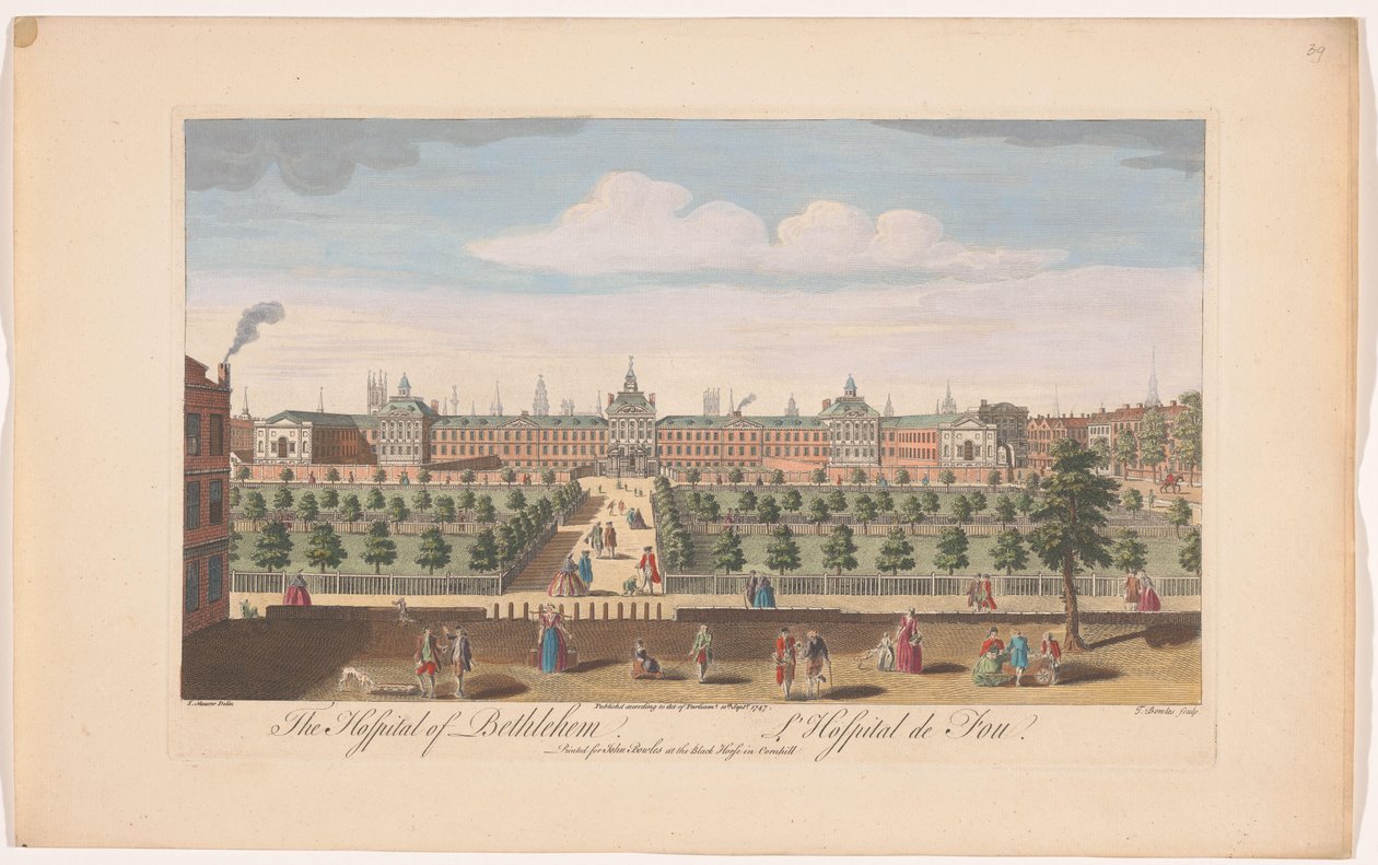 Gezicht op Bethlem Royal Hospital te Londen door John Bowles