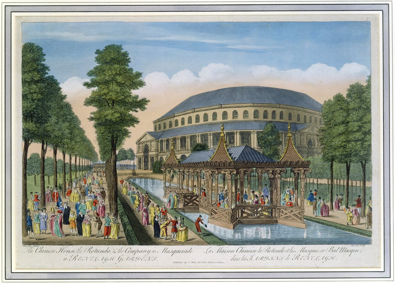 Het Chinese Huis, de Rotonde en het Gezelschap in Maskerade in Ranelagh Gardens door John Bowles