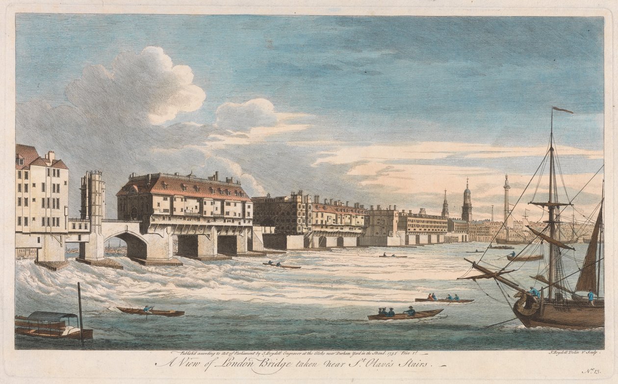 Gezicht op de London Bridge, gezien nabij de trappen van St. Olave door John Boydell