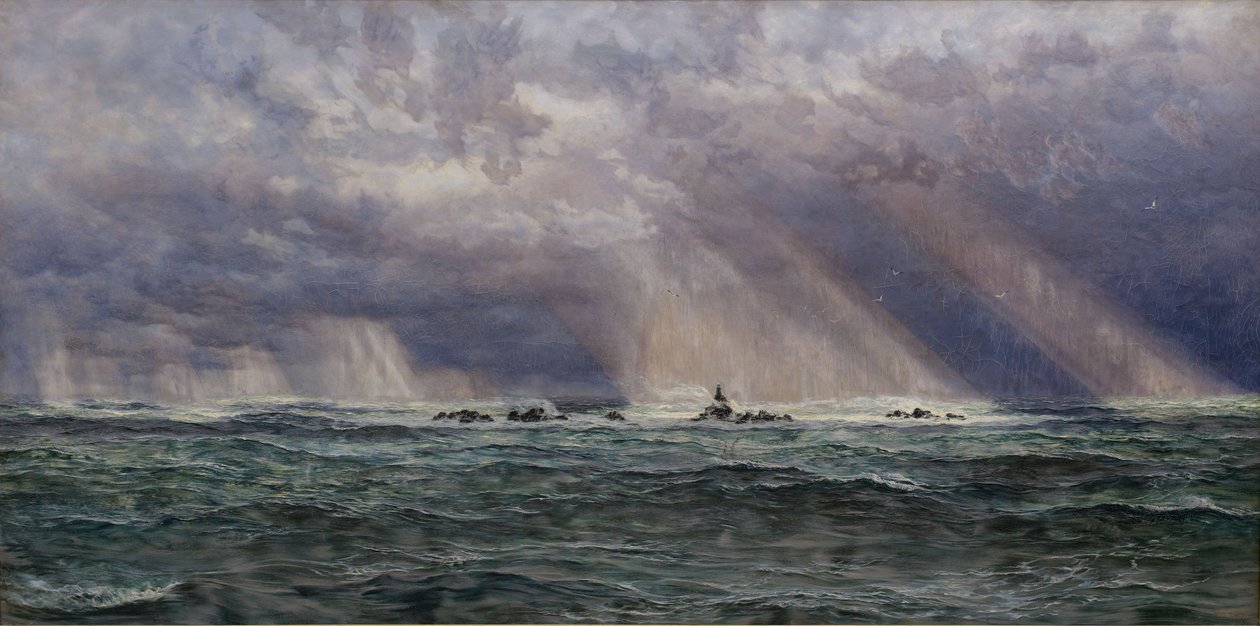 Een noordwesterstorm voor de vuurtoren van Longships door John Brett