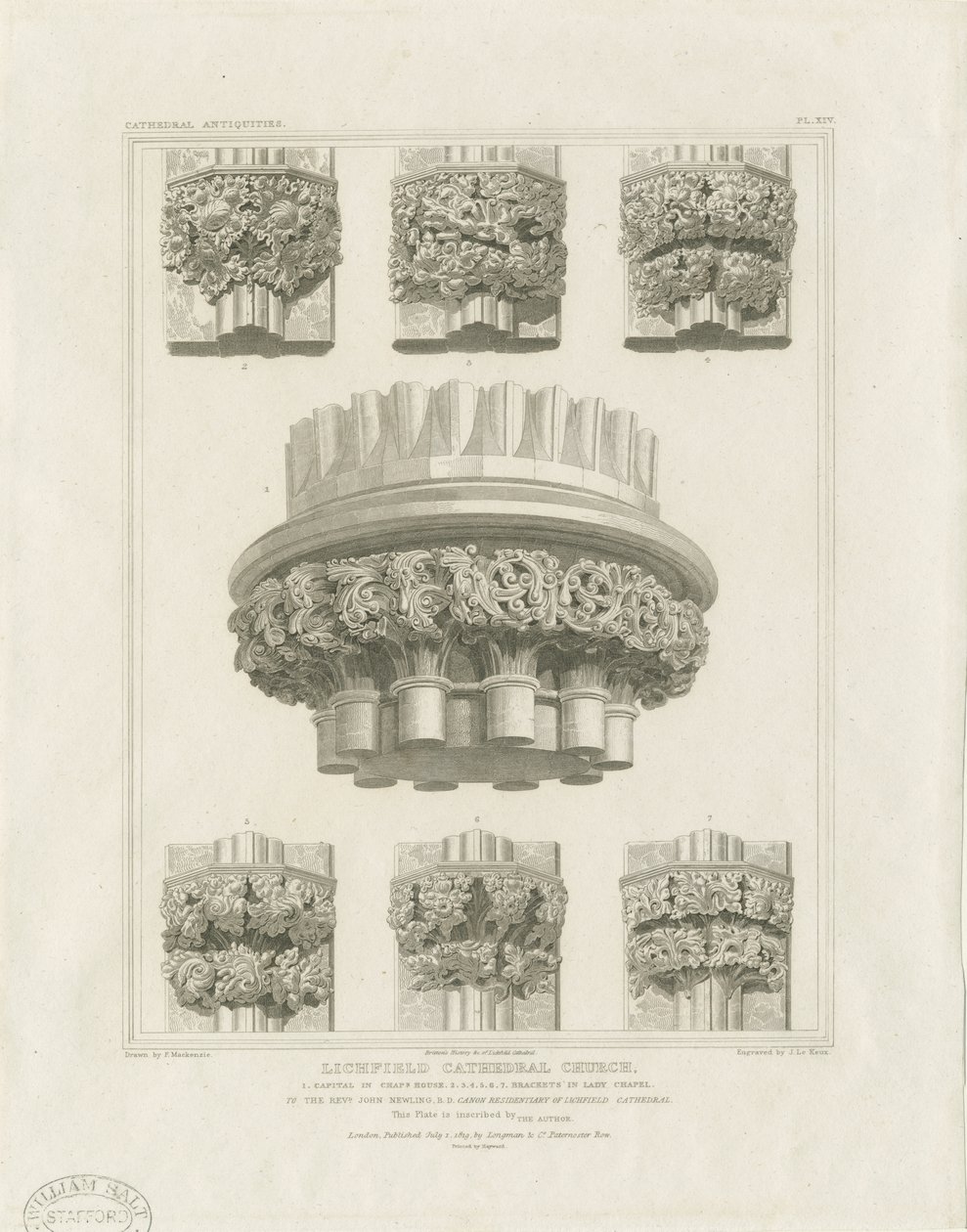 Interieur van Lichfield Cathedral - Clusterzuil in de kapittelzaal en consoles in de Mariakapel: gravure, nd [c 1819] door John Britton