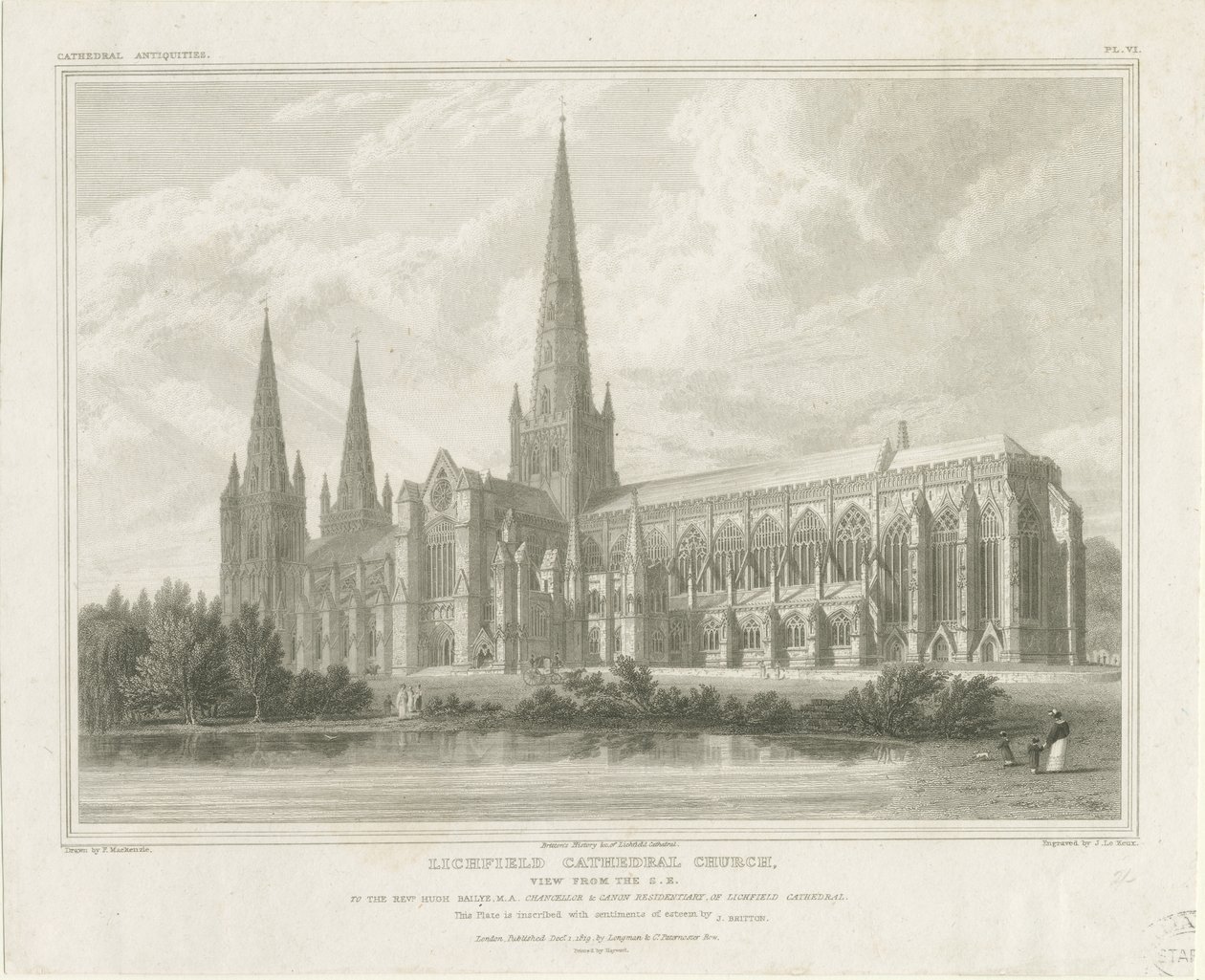 Lichfield Kathedraal - Zuidoostaanzicht (gravure) door John Britton