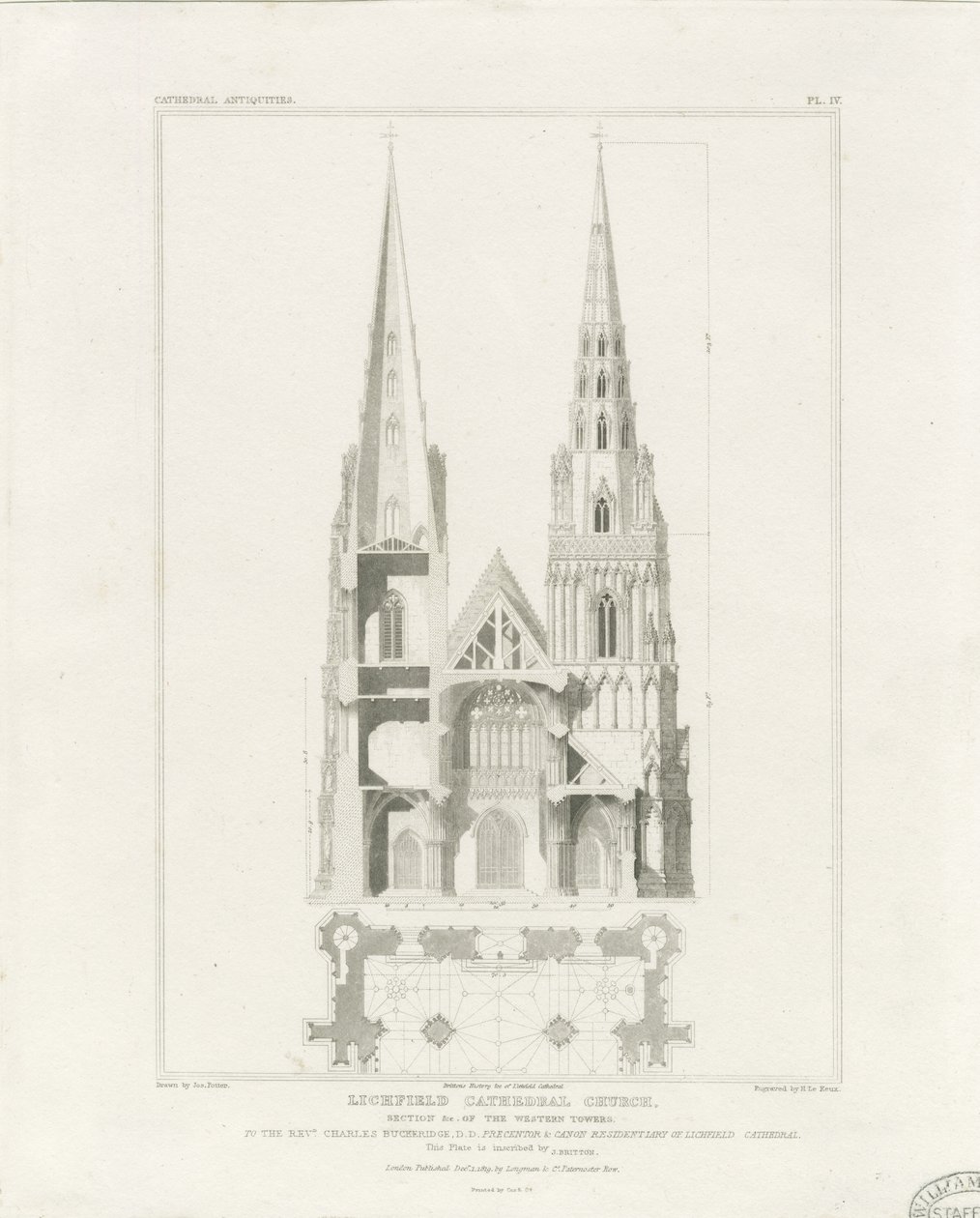 Lichfield Kathedraal - Westelijke Voorzijde: gravure, nd [ca. 1819] door John Britton