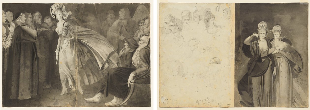 Vrouw staande tussen de broeders (recto) Schetsen van hoofden (verso, links); Twee vrouwen (verso, rechts) door John Brown