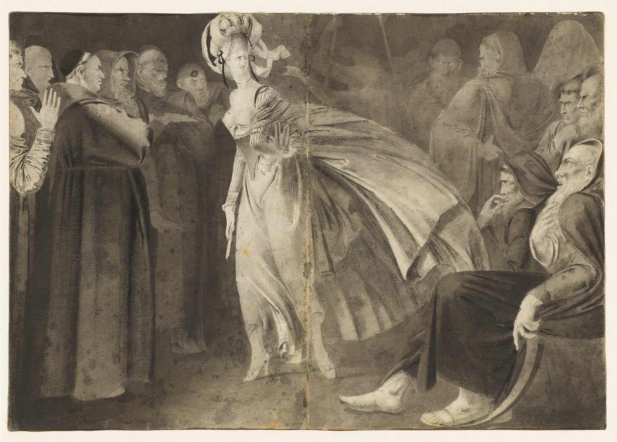 Vrouw staand tussen de monniken recto, c. 1770-1775 door John Brown