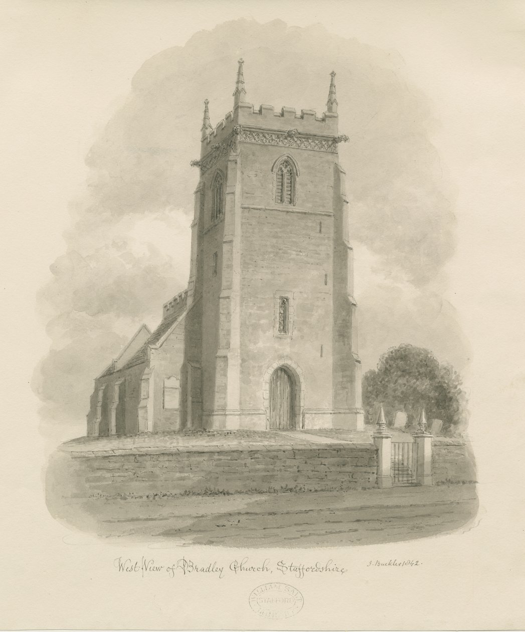 Bradley Kerk: sepia tekening door John Buckler