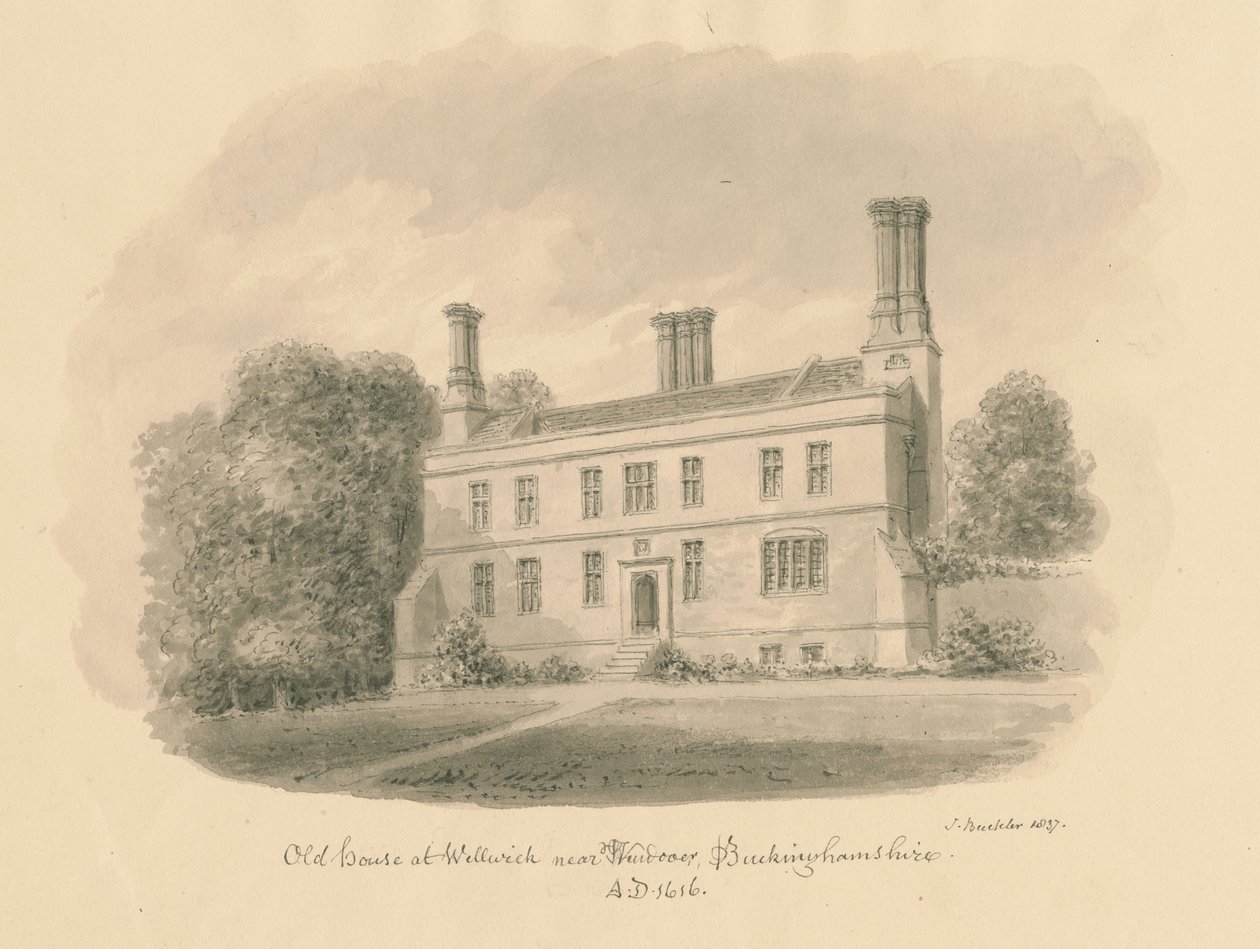 Buckinghamshire - Wellwick - Oud Huis: sepia tekening, 1837 door John Buckler