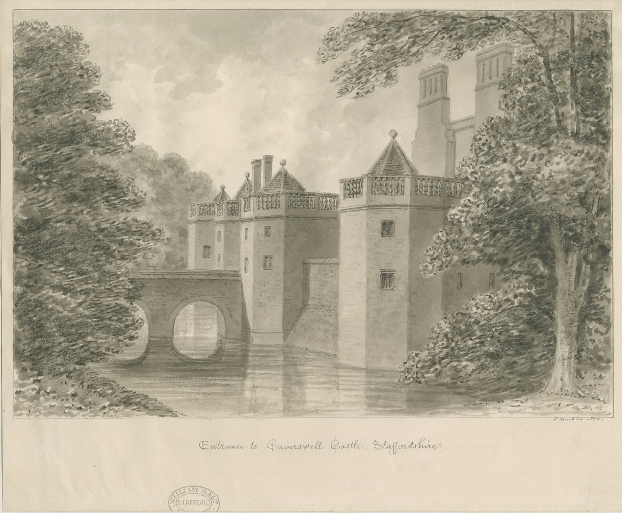 Caverswall Castle: sepia tekening door John Buckler