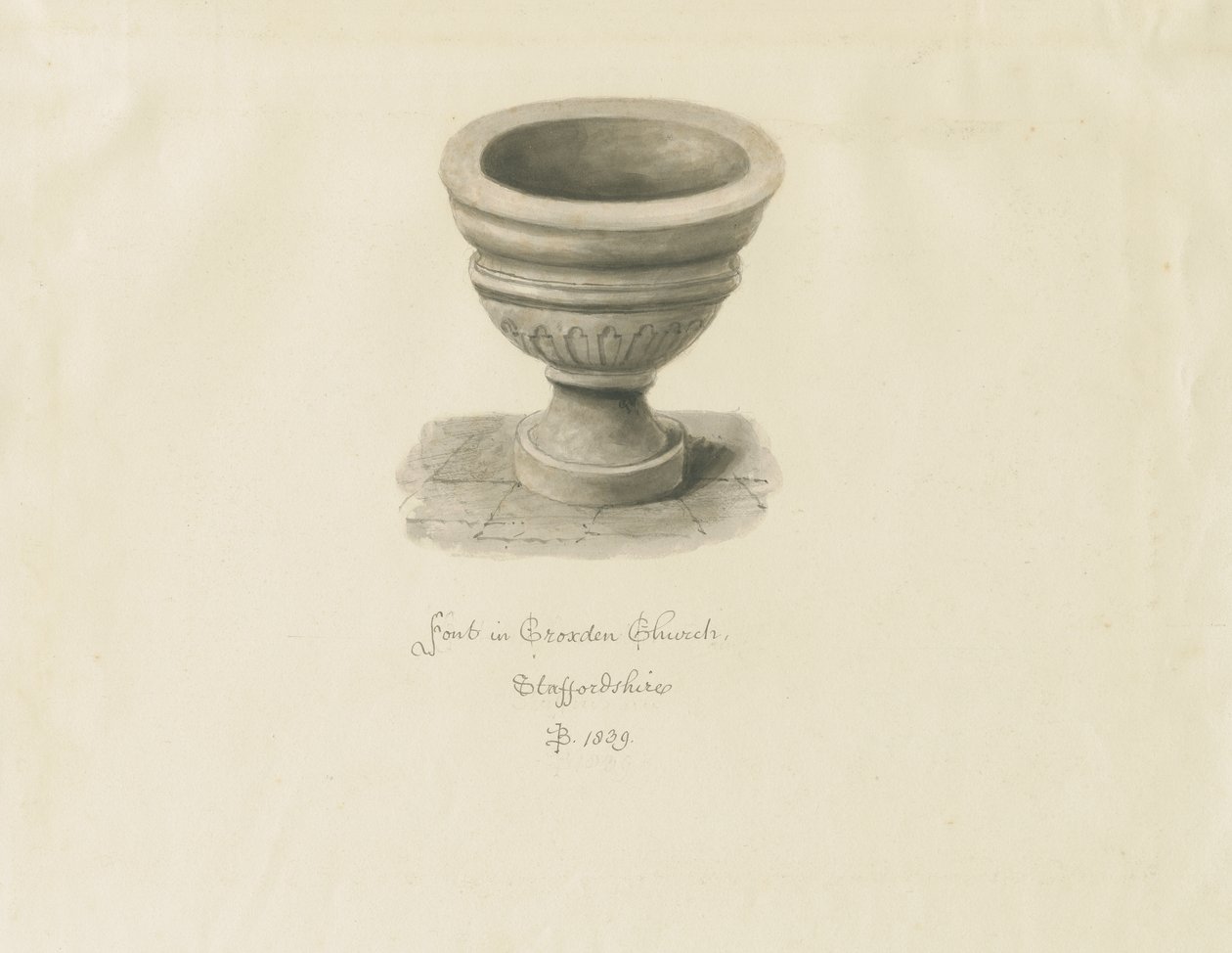 Croxden - Fontein in de Gastenkapel: sepia tekening door John Buckler
