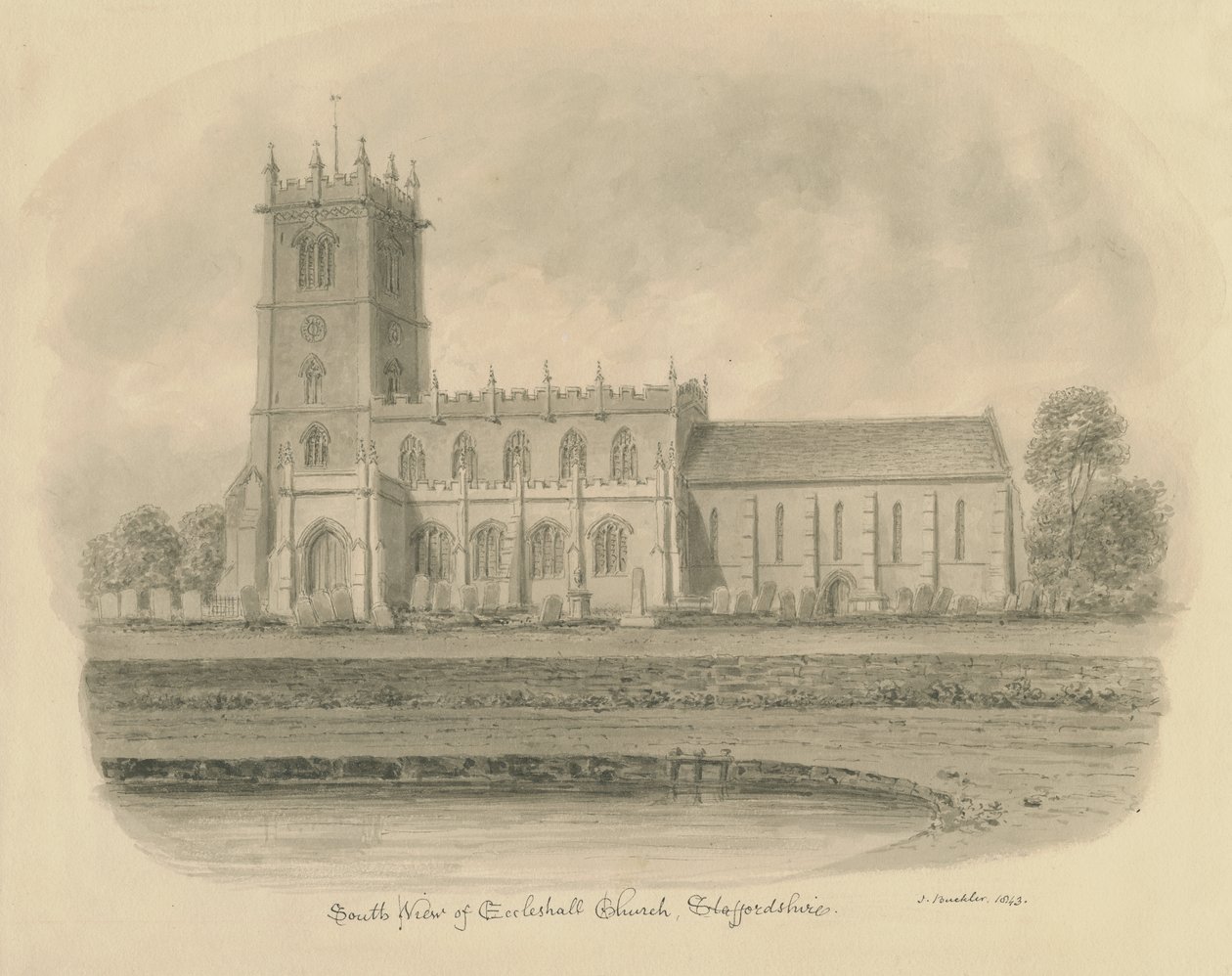 Eccleshall Kerk: sepia tekening door John Buckler