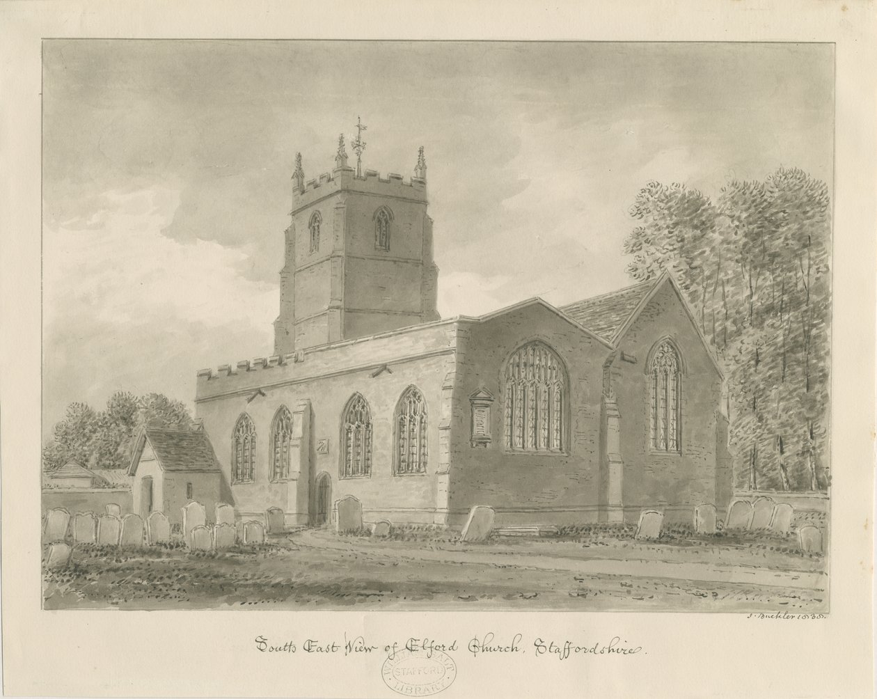Elford Kerk: sepia tekening, 1838 door John Buckler